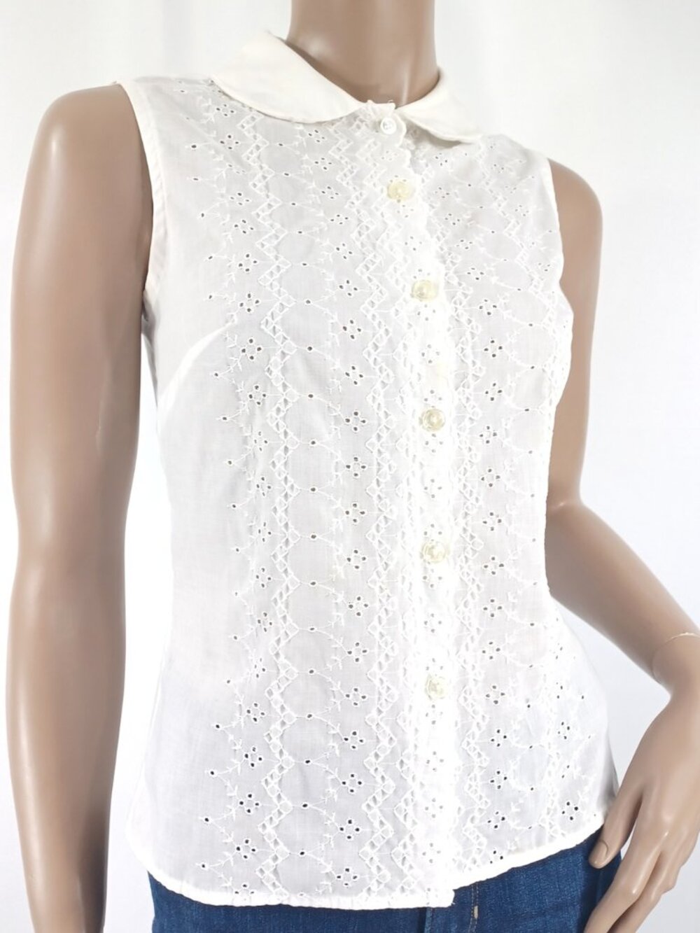 RHAPSODY Vintage Blouse Shirt Sleeveless Embroidered Cut Work Eyelet Top M
